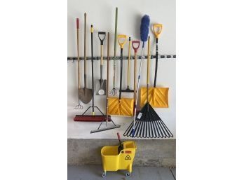 Lot Various Tools, Shovels, Rakes, Brooms