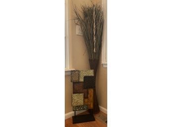 Lovely Metal Standing Decor And Tall Grass In A Wood Vase