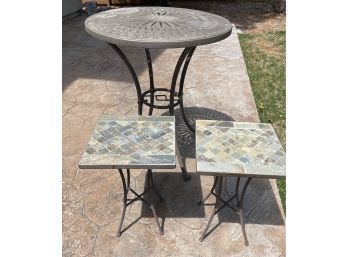 Tall Metal Patio Table And Two Small Stone Side Tables