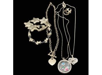 Silver Color Jewelry Collection: (3) Necklaces (2) Bracelets And A Pair Of Small Hoop Earrings