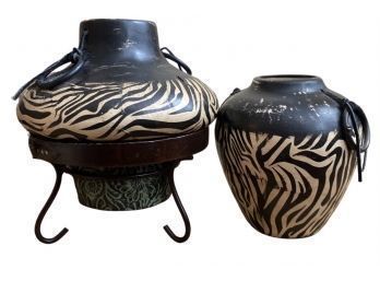 (2) Unique Zebra Vases, Various Sizes. Large Vase Stands 10 Inches