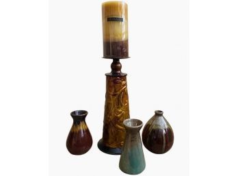 (3) Small Ceramic Vases, Plus Unique Candle Stick With Unused Candle