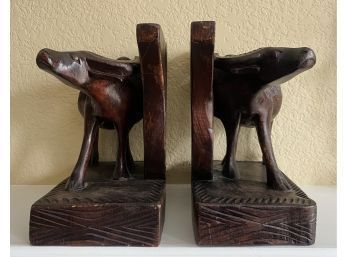 Pair Of Wooden Oxen Bookends. Hollow Inside