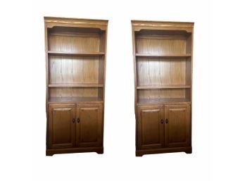 Pair Of Lovely Golden Oak Wooden Bookcases With Two Door Cabinet Space