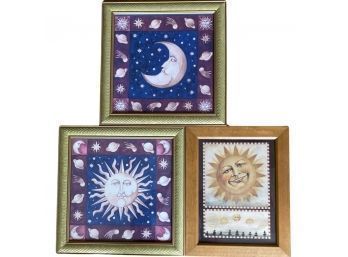 (3) Sun And Moon Framed Pictures With Glass, Various Sizes