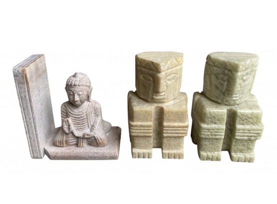 (2) Tiki Man Stone Figurines, Plus (1) Buddha Bookend