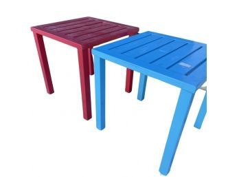 Red And Blue Outdoor Side Tables With Option To Hold Umbrellas