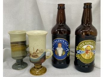Two Collectible Beer Bottles By Broughton Ales Limited In Scotland, Plus Two Clay Glasses