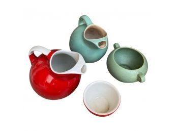 Green RumRill Pitcher And Bowl, Plus Red Halls Pitcher And Cup