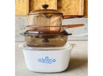 Vision Corning Amber Sauce Pan Pots & Skillet Frying Pan W/Lids & Corning Ware 1 3/4 Quart Casserole Dish