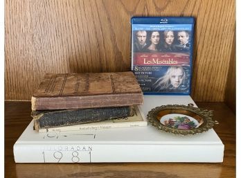 Les Miserables Blue Ray, (4) Books Including Antique Books, Plus Small Trinket Holder