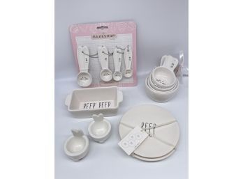 Adorable Assortment Of Easter Bakeware. Measuring Cups, Egg Holders, Small Dish And Two Plates. Some Rae Dunn!