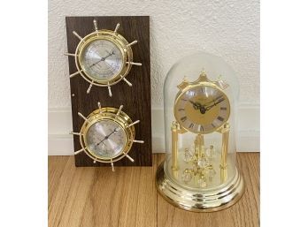 (2) Vintage Glam Analog Metal Quartz Tabletop Clock In Brass & Springfield Weather Station Nautical