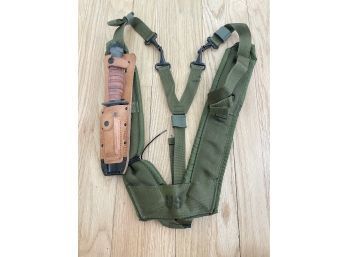 US Military Suspenders With Leather Pocket Containing A Ontario Hunting Knife