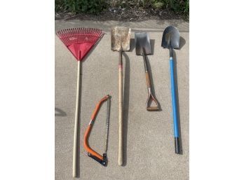 Lawn Tools Including Various Shovels, Rake And Saw