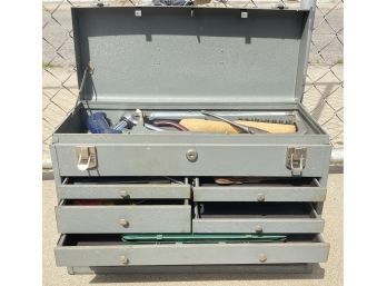 Metal Toolbox With A Variety Of Tools And Pull Out Drawers