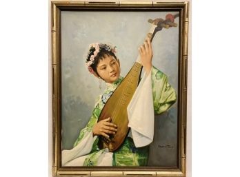 Francis Tsoy Original Painting Of Woman Playing Chinese Mandolin. Signed By Artist