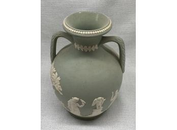 Green Jasperware Vase, Vintage Dudson Hanley. Stands 7.5 Inches