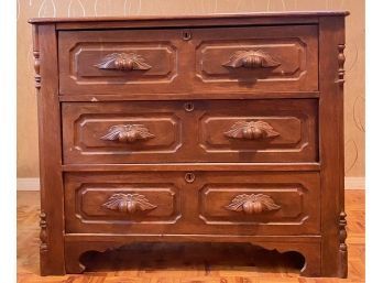Antique Mid Century Early American Hand Carved Walnut 3 Drawer Chest