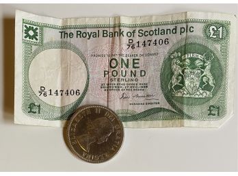 Bank Note From Scotland, Plus Canadian Dollar Coin