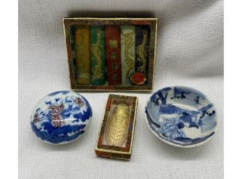 Rare Find! (2) Authentic Chinese Inkwells, Plus Chalk