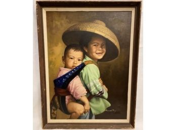 Francis Tsoy Original Painting Of Boy And Child. Signed By Artist. Wood Frame, No Glass