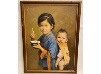 Francis Tsoy Original Painting Of Woman And Child. Wooden Bamboo-style Frame, No Glass