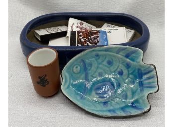 Various Items: Matchbooks, Ceramic Fish And Bowl, And Sake Shot Glass