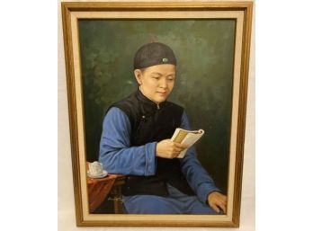 Francis Tsoy Original Painting Of Man Reading. Wooden Frame, No Glass