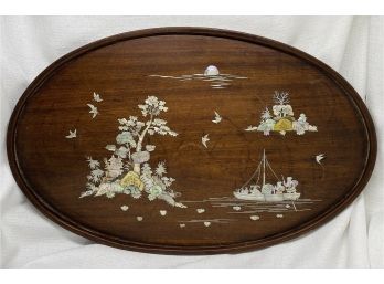 Wooden Tray With Mother Of Pearl Inlay Design, 21.5 Inch Length