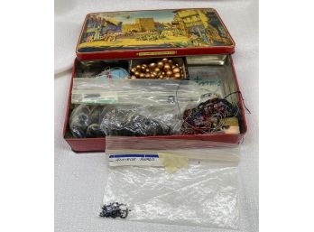 Collection Of Various Beads In Tin Container