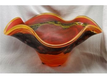 Large Orange Hand Blown Glass Bowl Signed By Artist