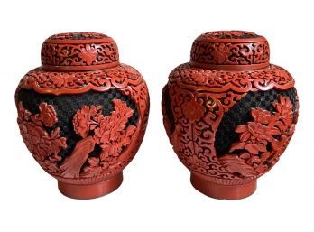 Set Of Matching Chinese Cinnabar Vases With Blue Lacquer Interior