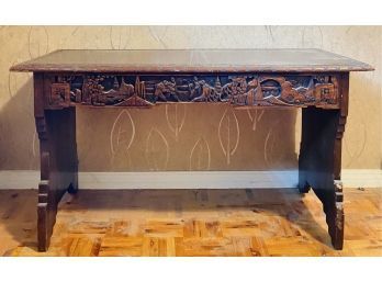 Antique Alter Table With Ancient Figurine Carvings