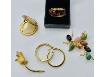 Collection Of Beautiful Jewelry-locket, Rhinestone Pierced Earrings, Pins,  Pretty Gemstone Ring