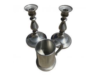 Pewter Mug And Matching Candlesticks By International Pewter