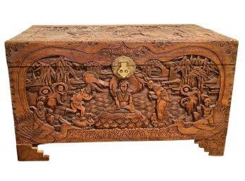 Antique Chinese Camphor Wood Trunk With Ancient Carvings