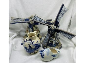 Holland Collection: (4) Hand Painted Ceramic Figurines, Including Two Windmills