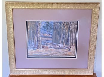 Original Heather H. Coen Winter Forest Pastel Oil Painting In Framed Museum Glass
