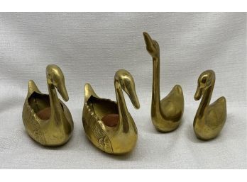 (4) Brass Swan Figurines, Two With Small Candles