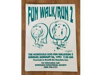 1992 Poster Of Fun Run/Walk, Artist Wyland, Hippo Design From Honolulu Zoo
