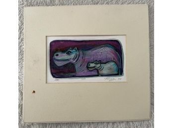 Victor Kinza Signed, Numbered And Matted Hippo Artwork