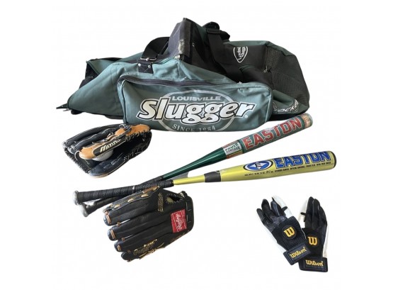 Baseball Needs! Easton Bats (2), Rawlings And Mizuno Gloves (2) & Wilson Gloves. Plus Louisville Sluggers Bag