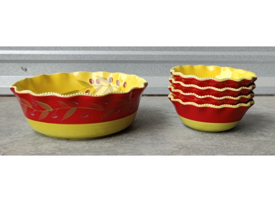 Large Decorated Bowl And Four Matching Small Bowls