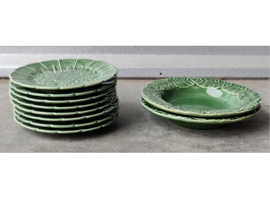 Green Ceramic Tableware Pieces With Emboldened Patterns By Bordallo Pinheiro