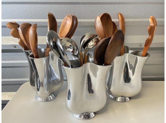 Nambe Kitchen Utensil Holders (3) With Nambe And Wooden Spoons