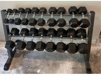 Rubber Dumbbell Set With Rack By Hoist. Ranges From Weights 5 To 50