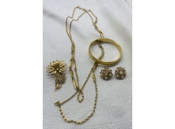 Gold Color Jewelry Collection! Extra Long Chain, TRIFARI Earrings, Brooch, And Bracelet
