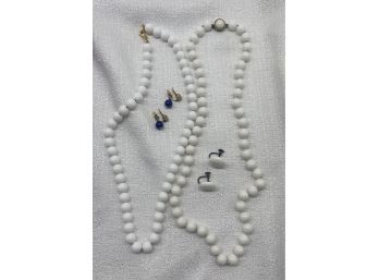 Darling White Beaded Necklaces, One With Matching Earring. Also Includes Blue Bead Earrings