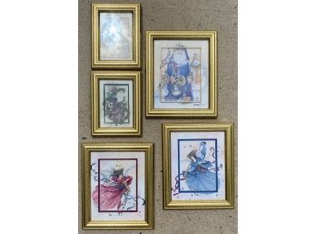 Collection Of (5) Christmas Theme Pictures In Gold Color Frames, Various Sizes